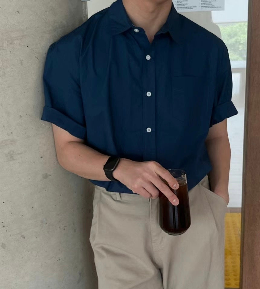 純色短袖襯衫 (4色) - 韓國男裝