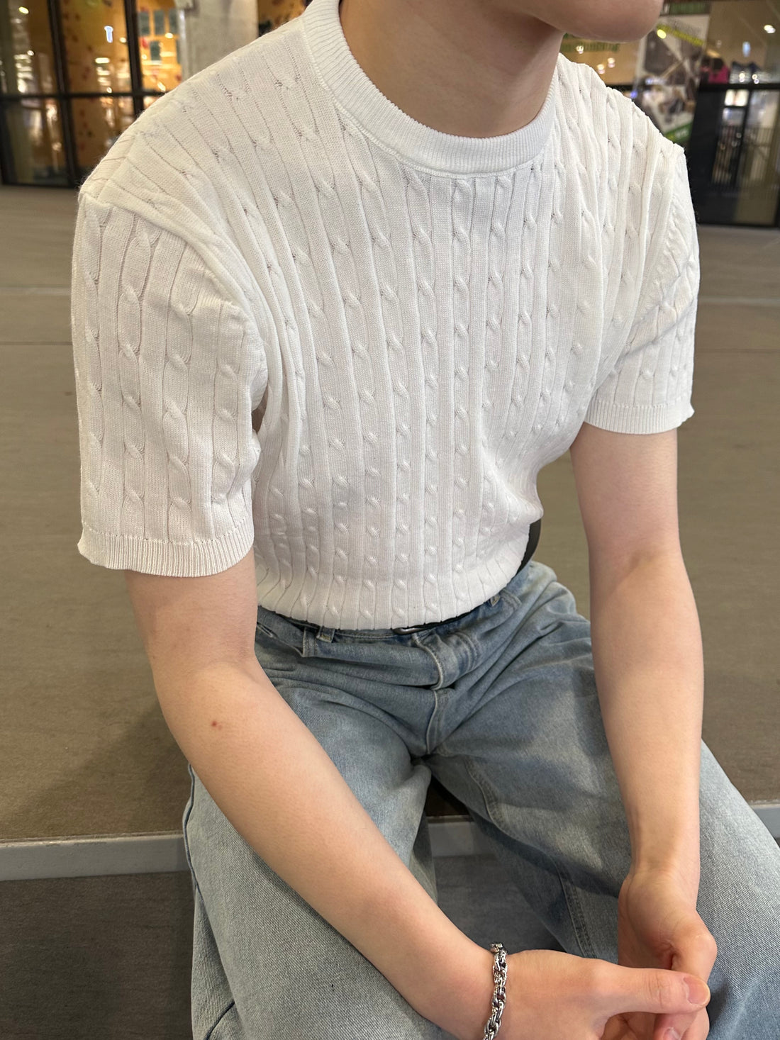 白色麻花短袖上衣 香港男裝