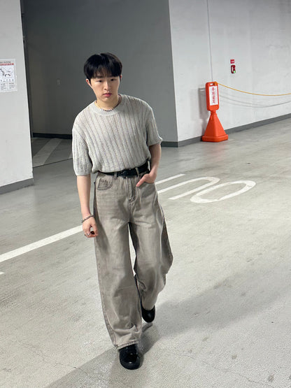 米灰暗紋短袖上衣