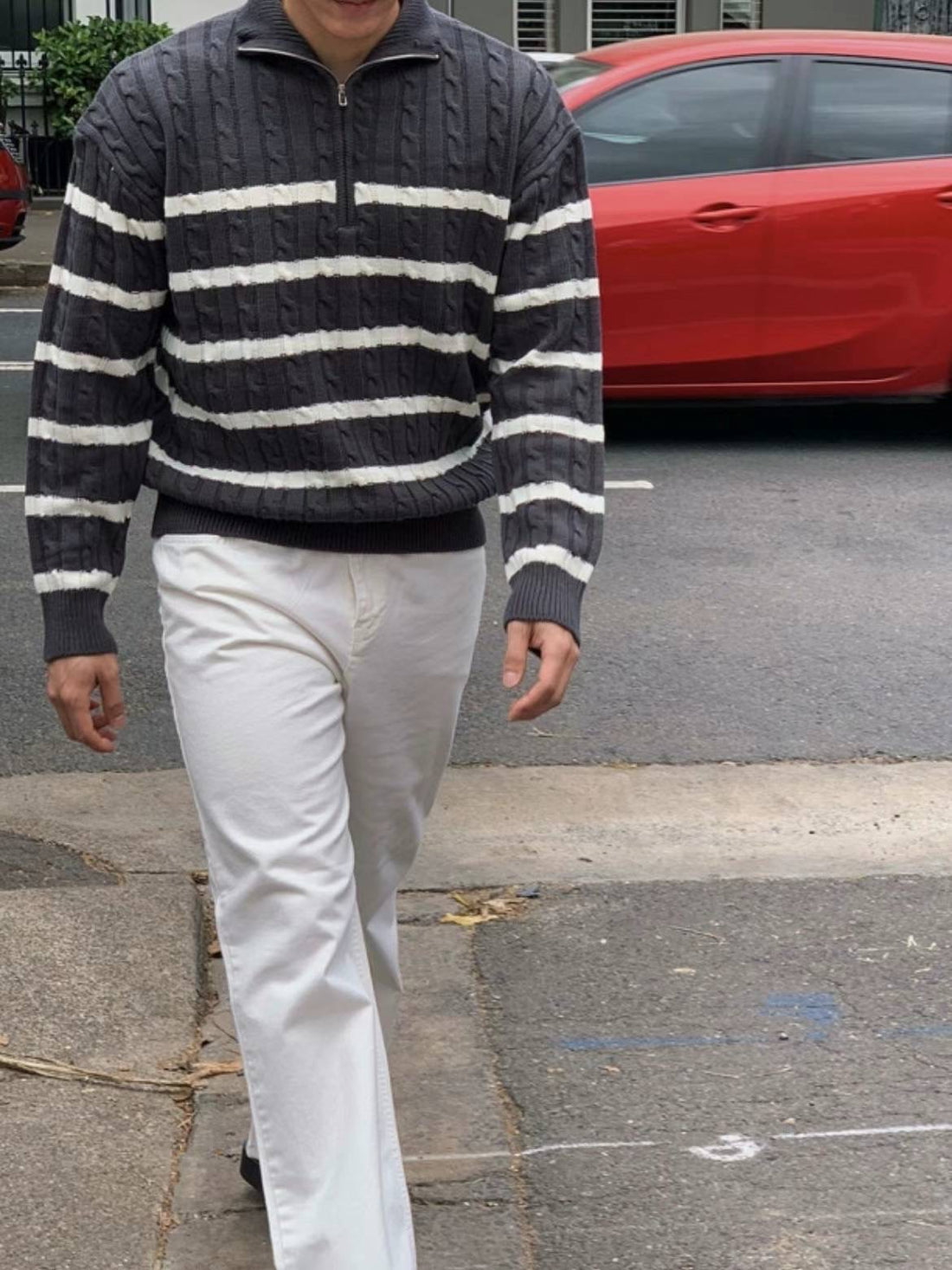 翻領拉鍊間條針織上衣