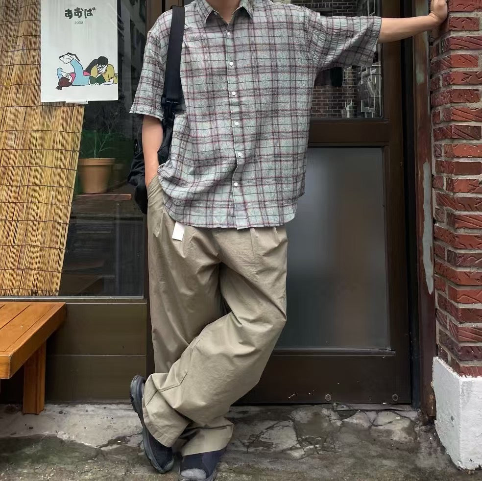 格仔拼色短袖襯衫 韓國男裝