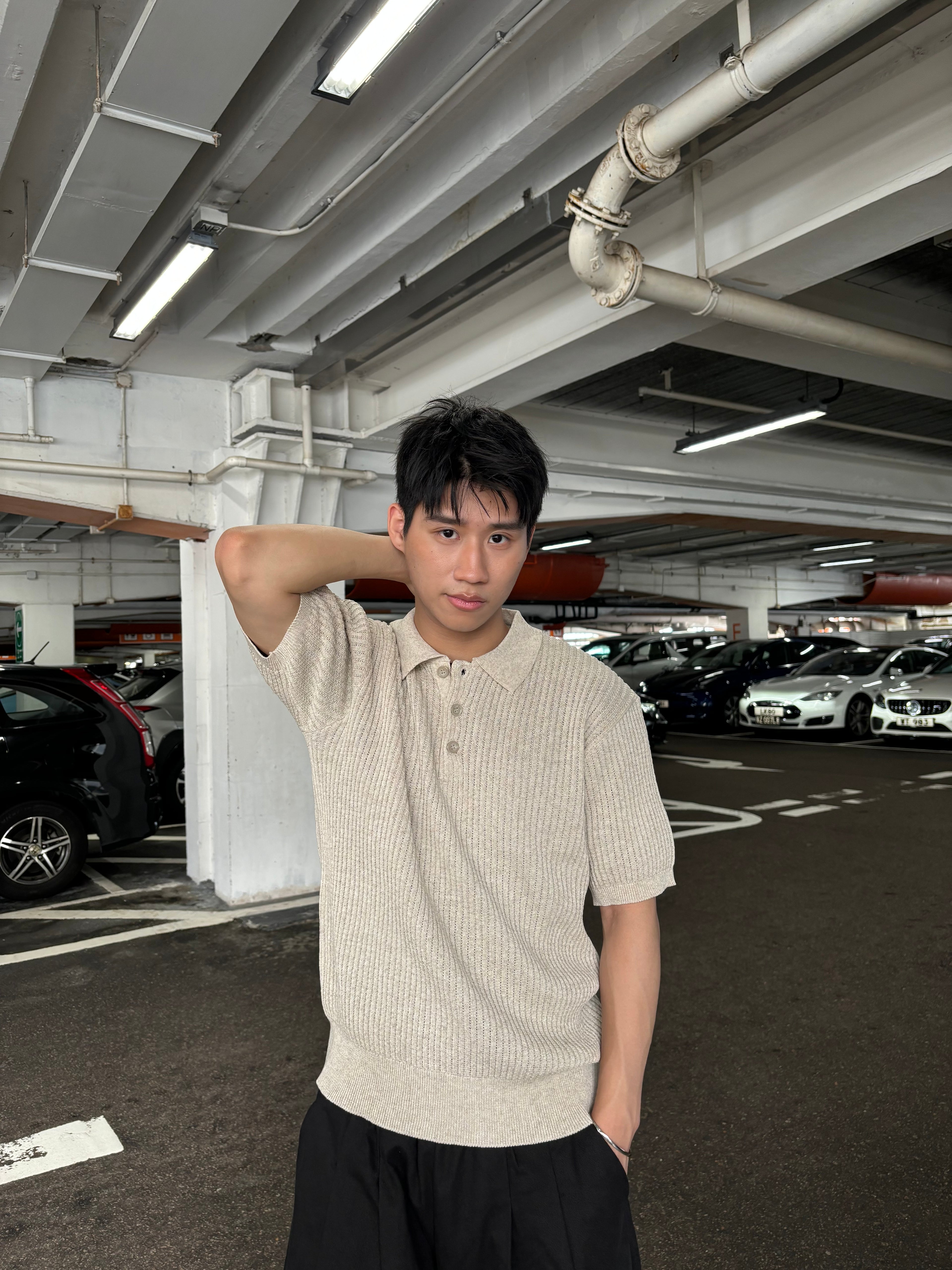 細紋翻領短袖上衣