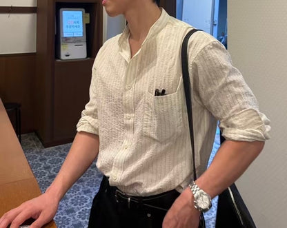 暗紋間條長袖襯衫