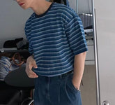 水藍間條短袖上衣 男裝衫