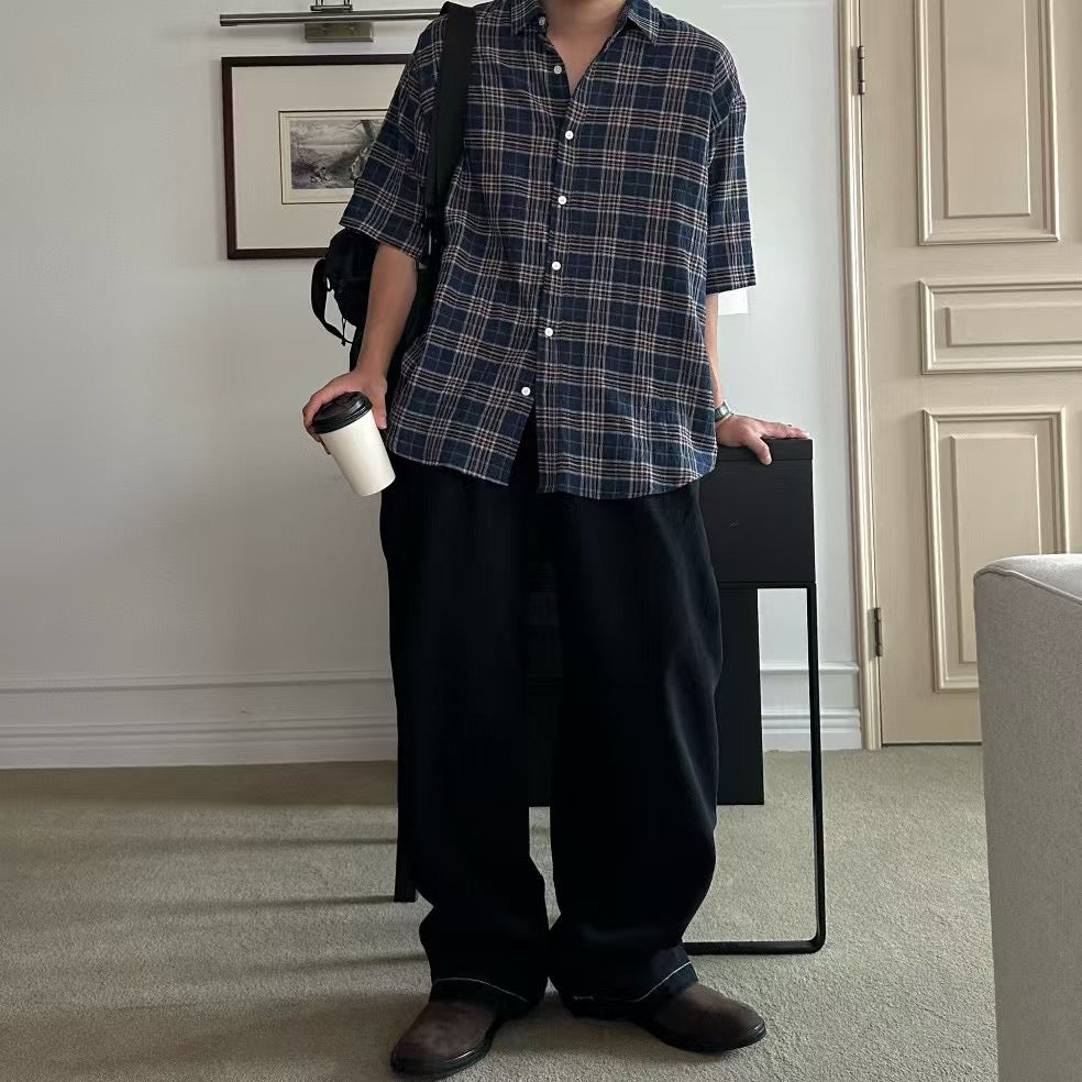 格仔拼色短袖襯衫 韓國男裝