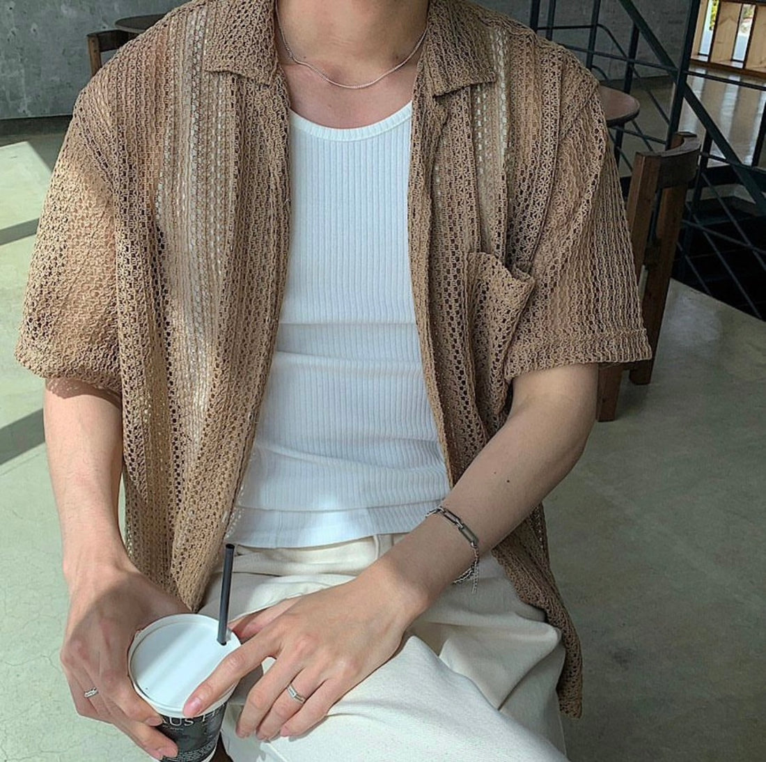 編織紋短袖襯衫 (3色) －韓國男裝