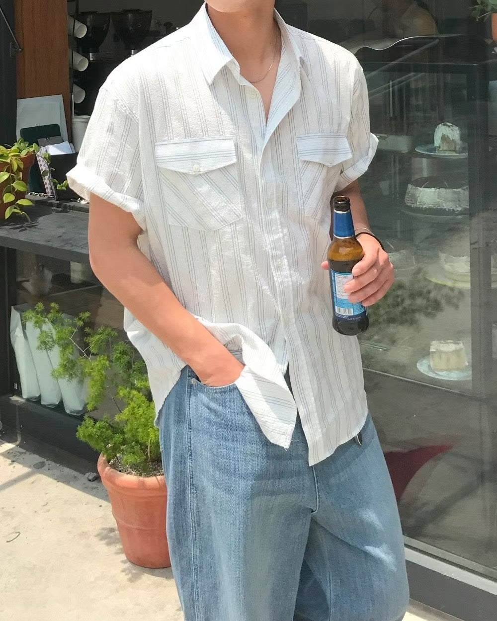 清爽間紋短袖襯衫