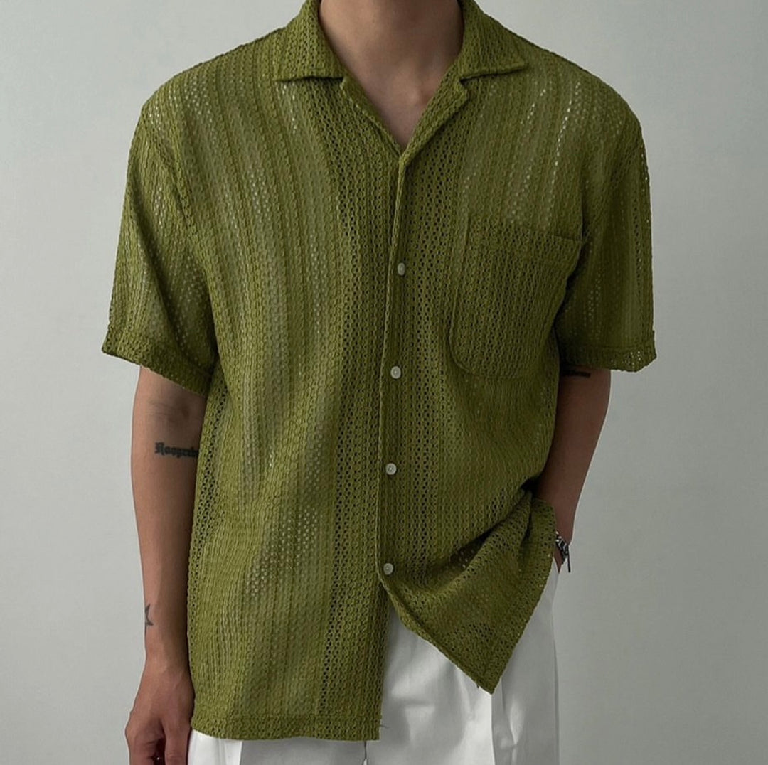 編織紋短袖襯衫 (3色) －韓國男裝