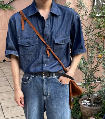 牛仔布短袖口袋襯衫