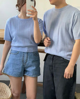 圓領韓系短袖上衣 - 韓國情侶裝