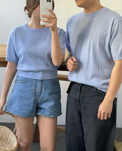 圓領韓系短袖上衣 - 韓國情侶裝