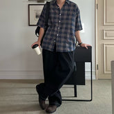 格仔拼色短袖襯衫 韓國男裝