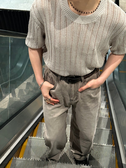 米灰暗紋短袖上衣