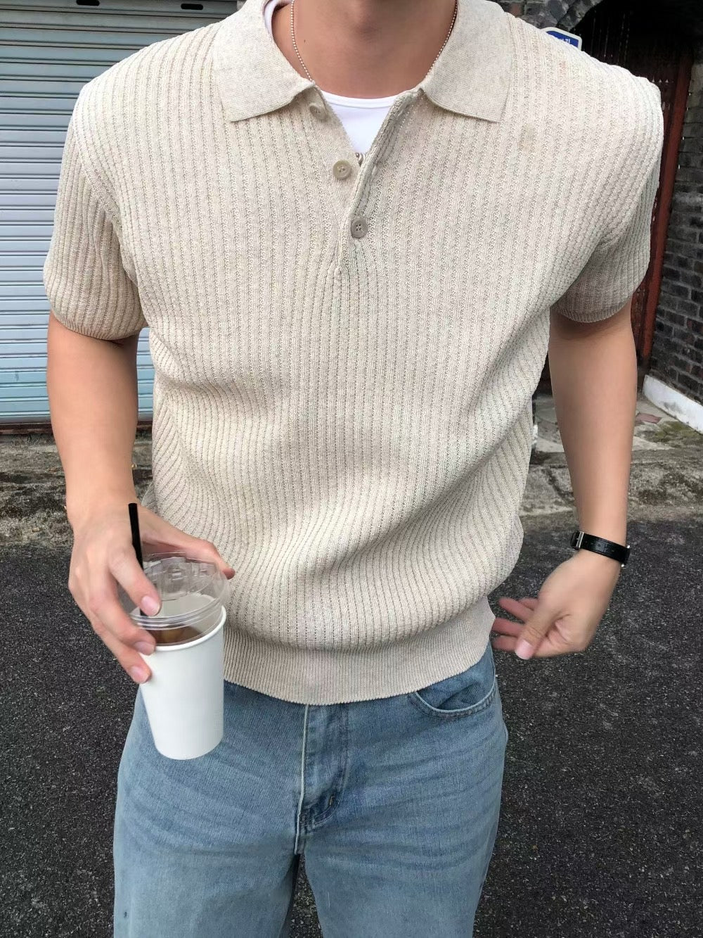 細紋翻領短袖上衣