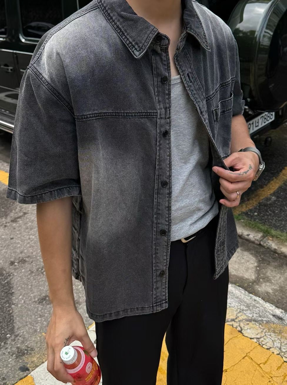 短袖牛仔漸層襯衫