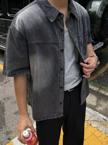 短袖牛仔漸層襯衫