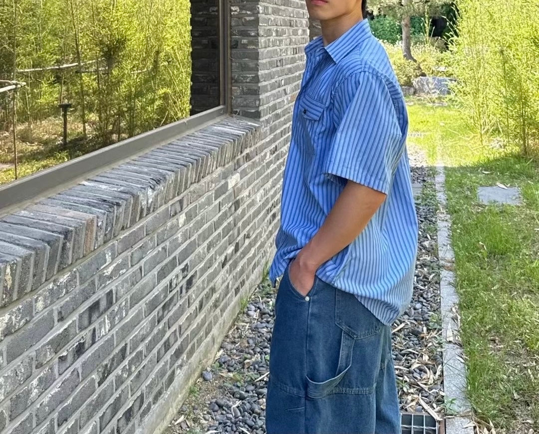 藍色直間短袖襯衫 韓國男裝