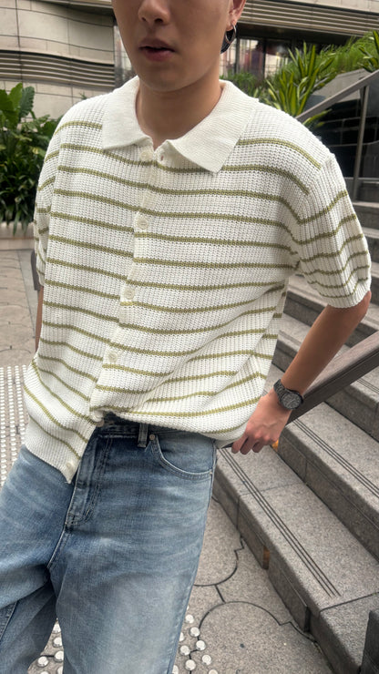 針織間條拼色短袖上衣