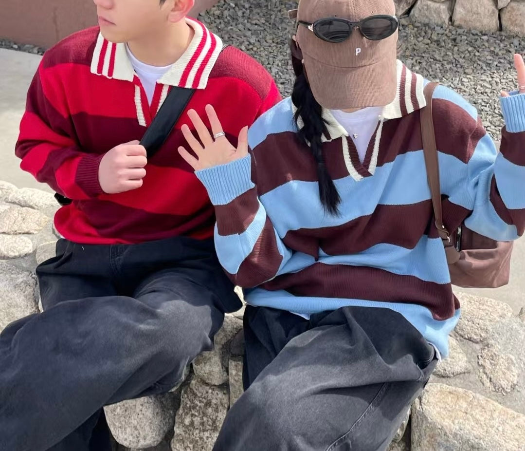 &lt;情侶裝系列&gt;拼色間條上衣