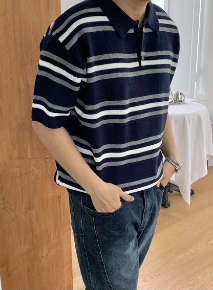 混色間條針織短袖上衣 男裝衫