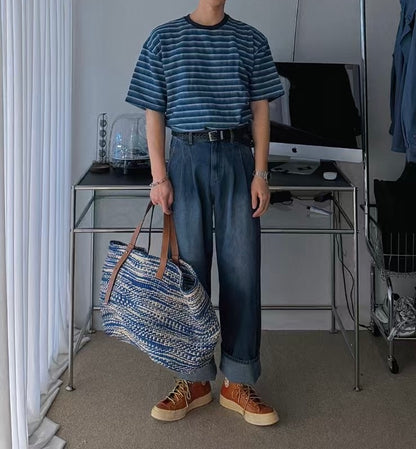 水藍間條短袖上衣 男裝衫