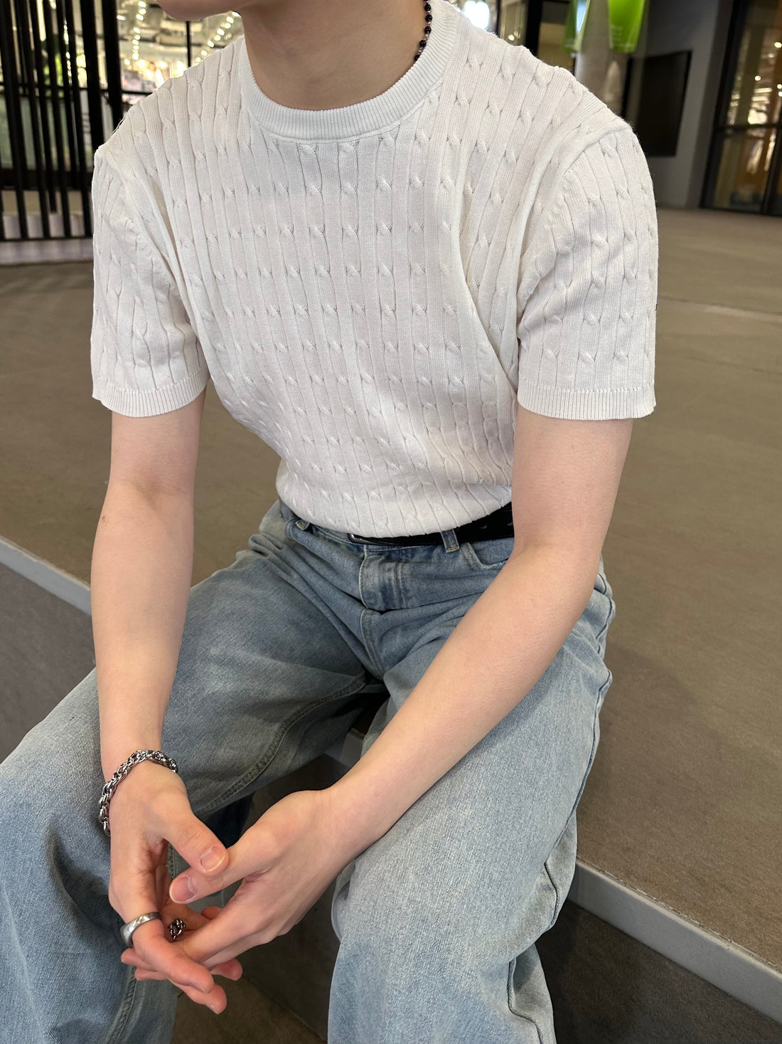 白色麻花短袖上衣 香港男裝