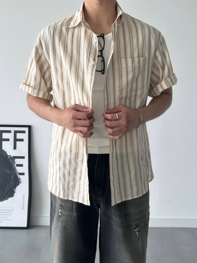 米白間條短袖襯衫 男裝衫