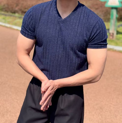 彈性V領短袖上衣