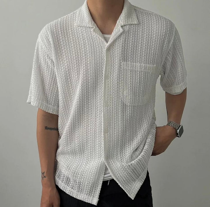 編織紋短袖襯衫 (3色) －韓國男裝