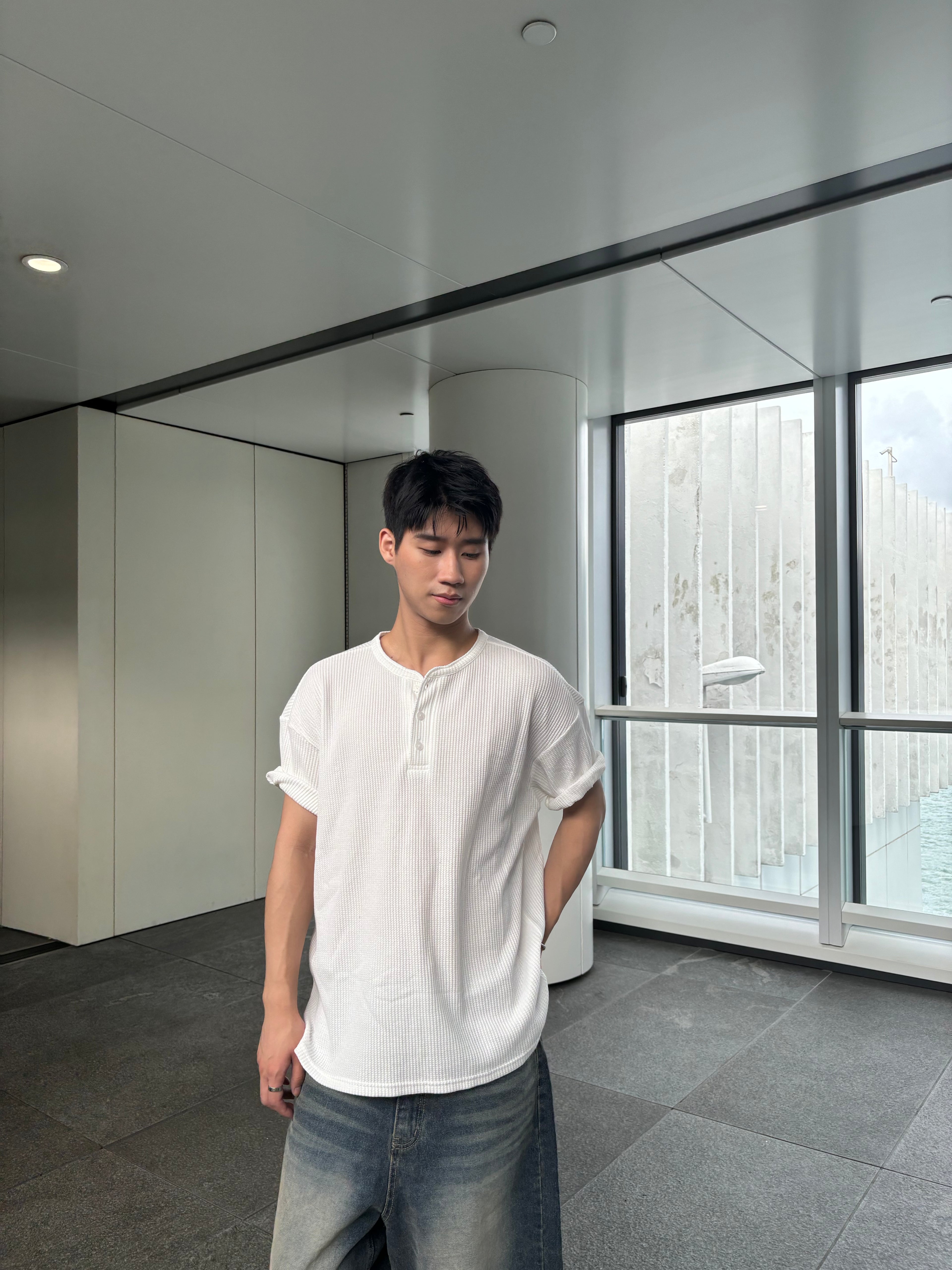 暗格白色短袖上衣 韓國男裝