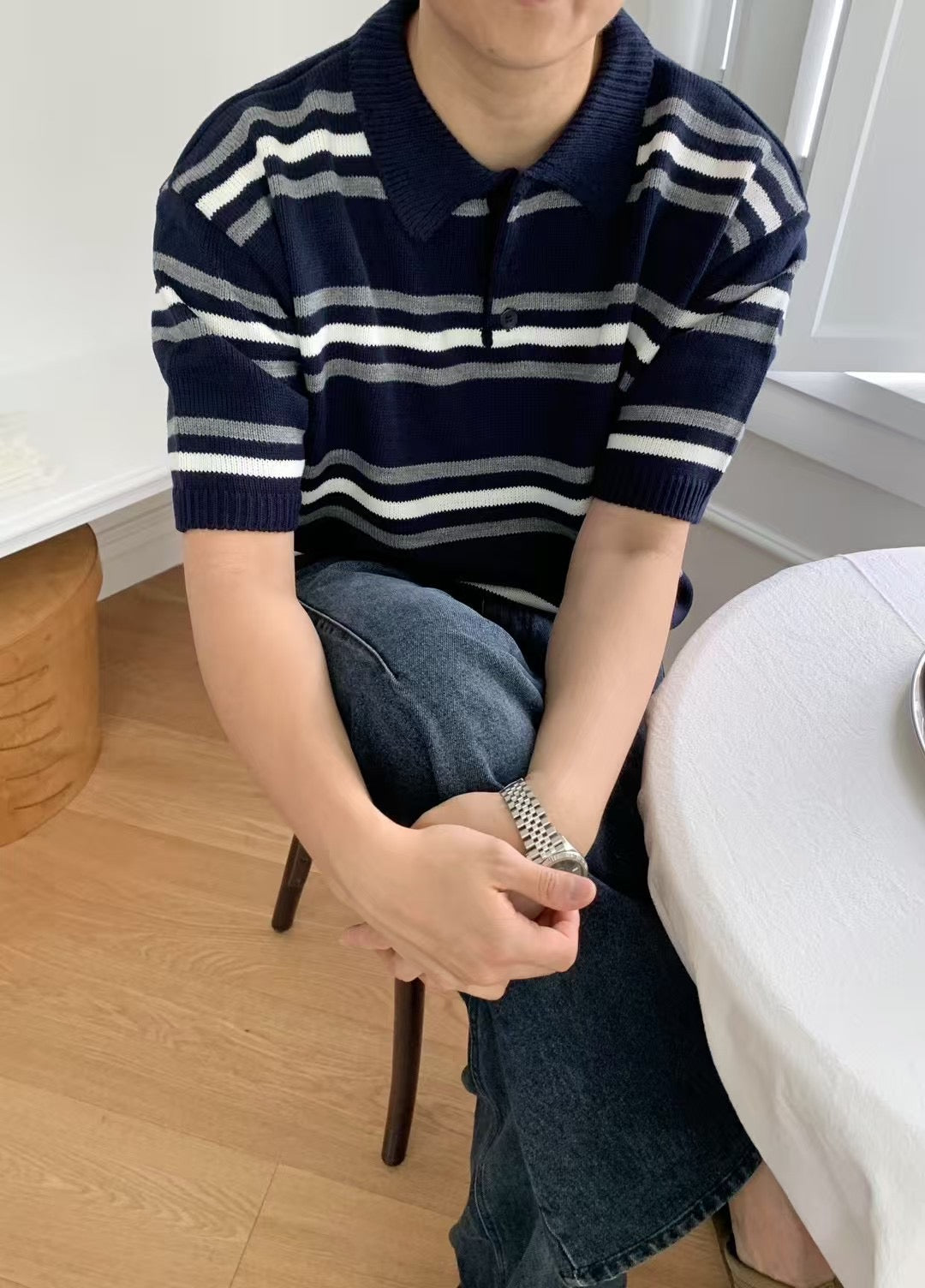 混色間條針織短袖上衣 男裝衫