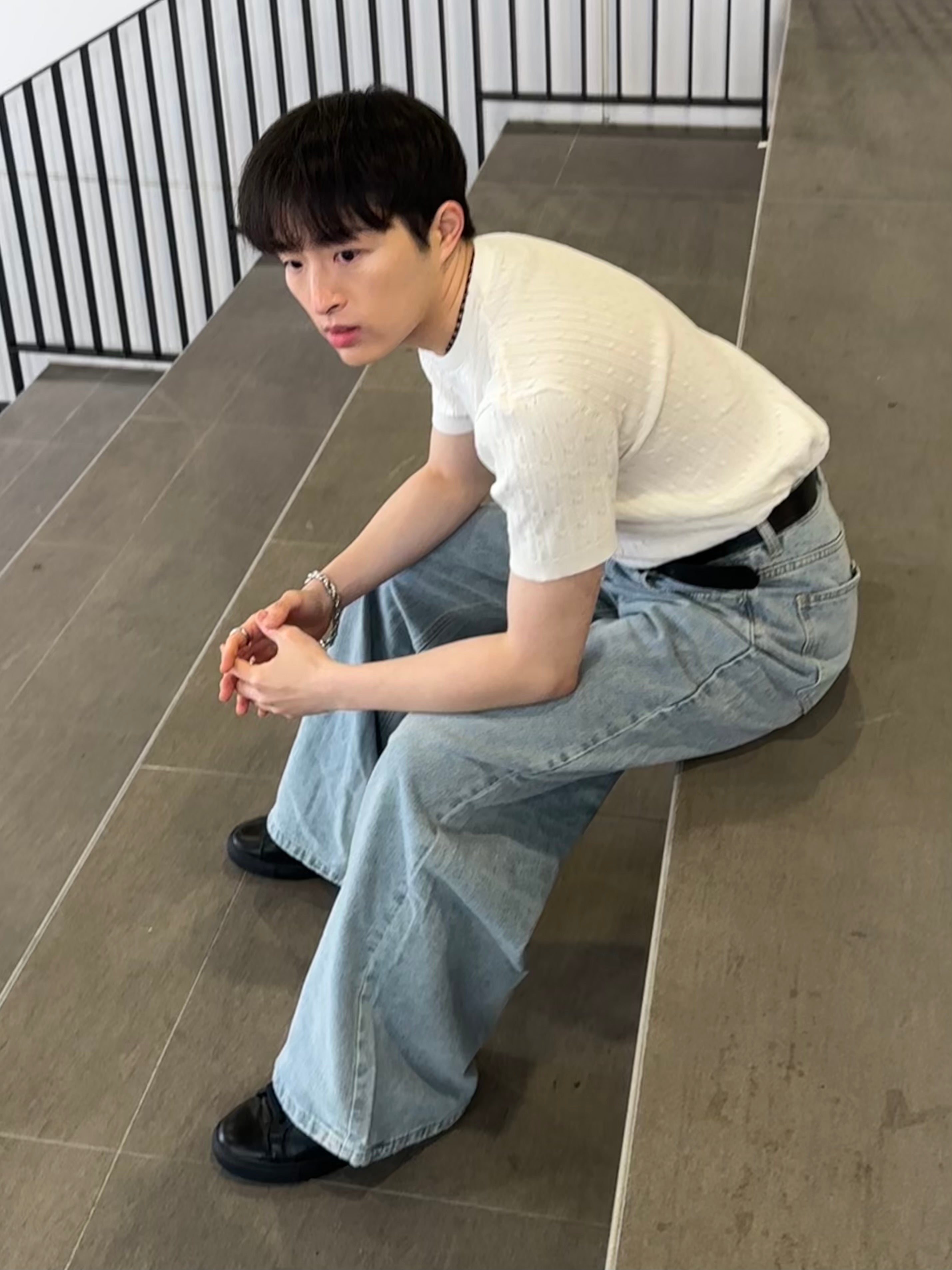 白色麻花短袖上衣 香港男裝