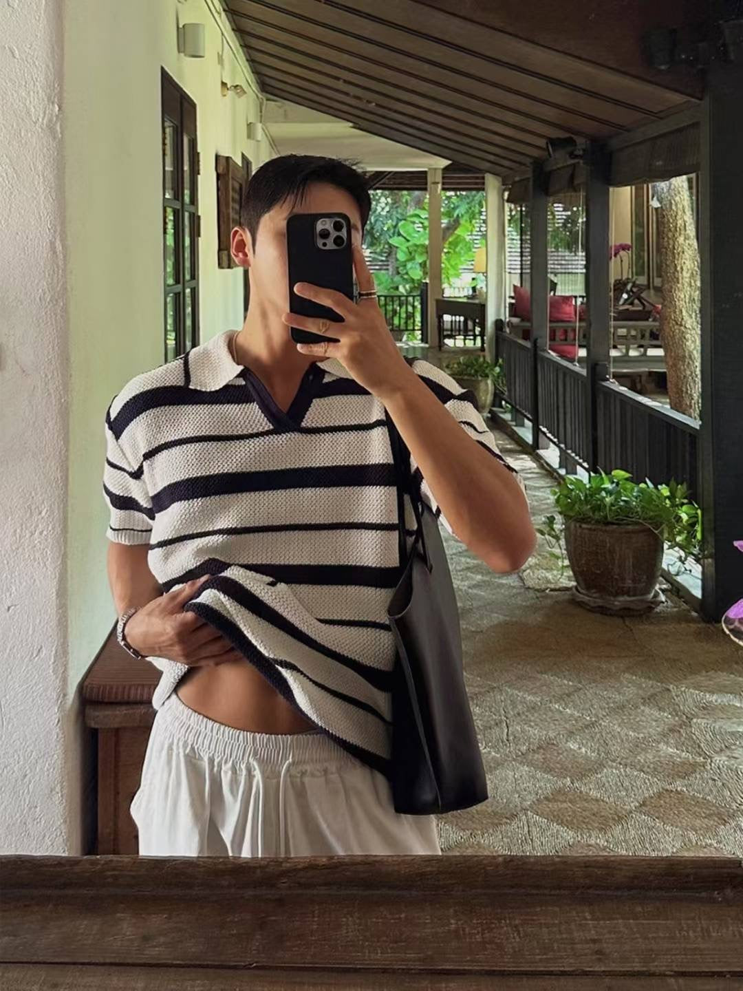 間條翻領上衣 韓國男裝