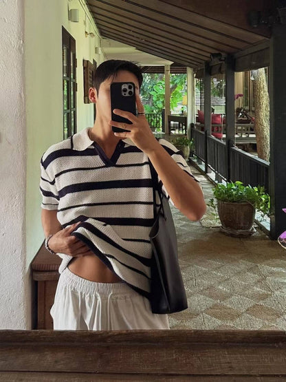 間條翻領上衣 韓國男裝