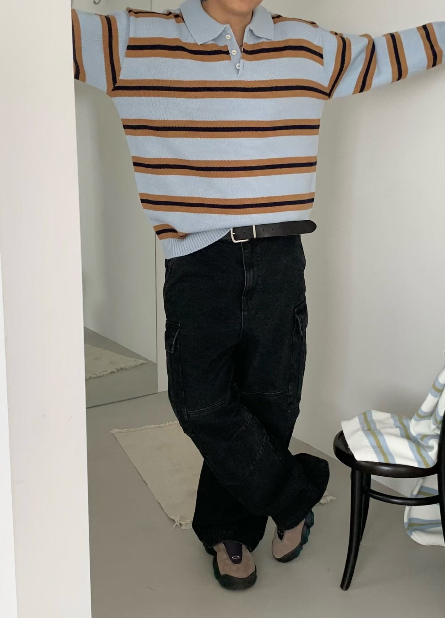 針織間紋拼色長袖上衣