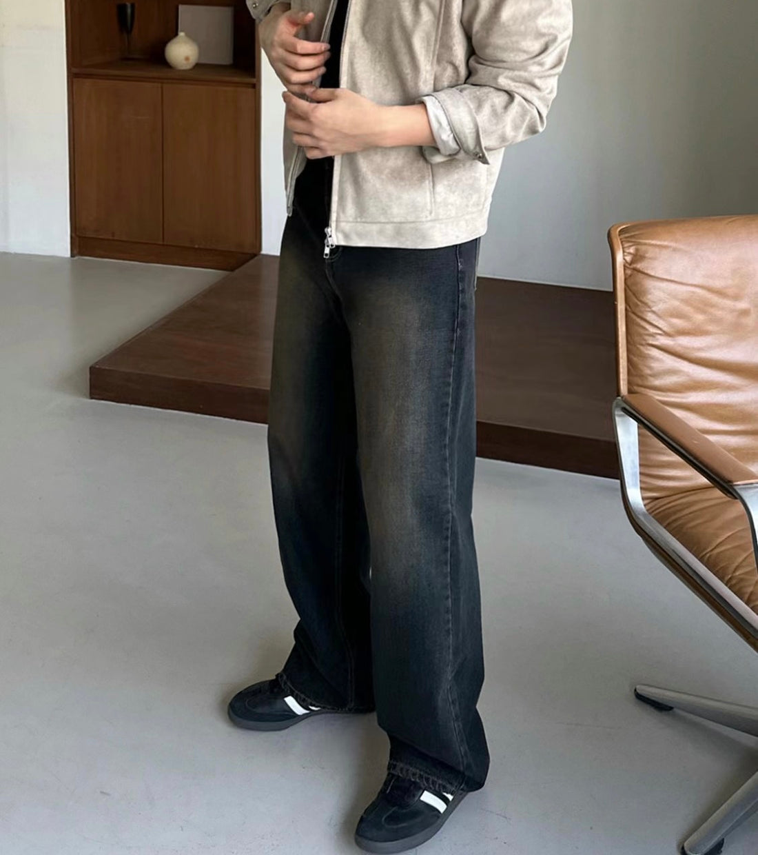混啡黑落地牛仔褲 － 韓國牛仔褲