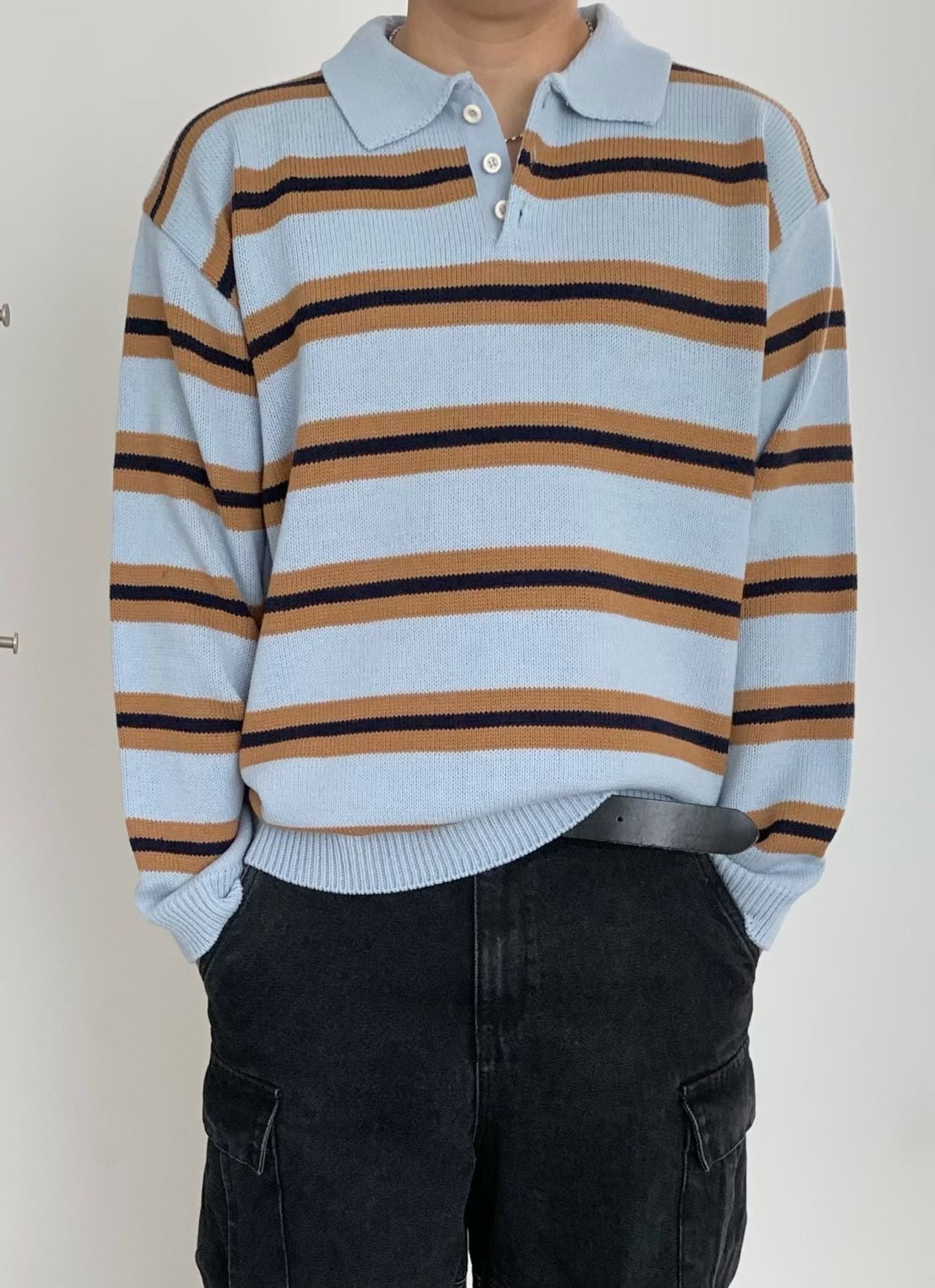 針織間紋拼色長袖上衣