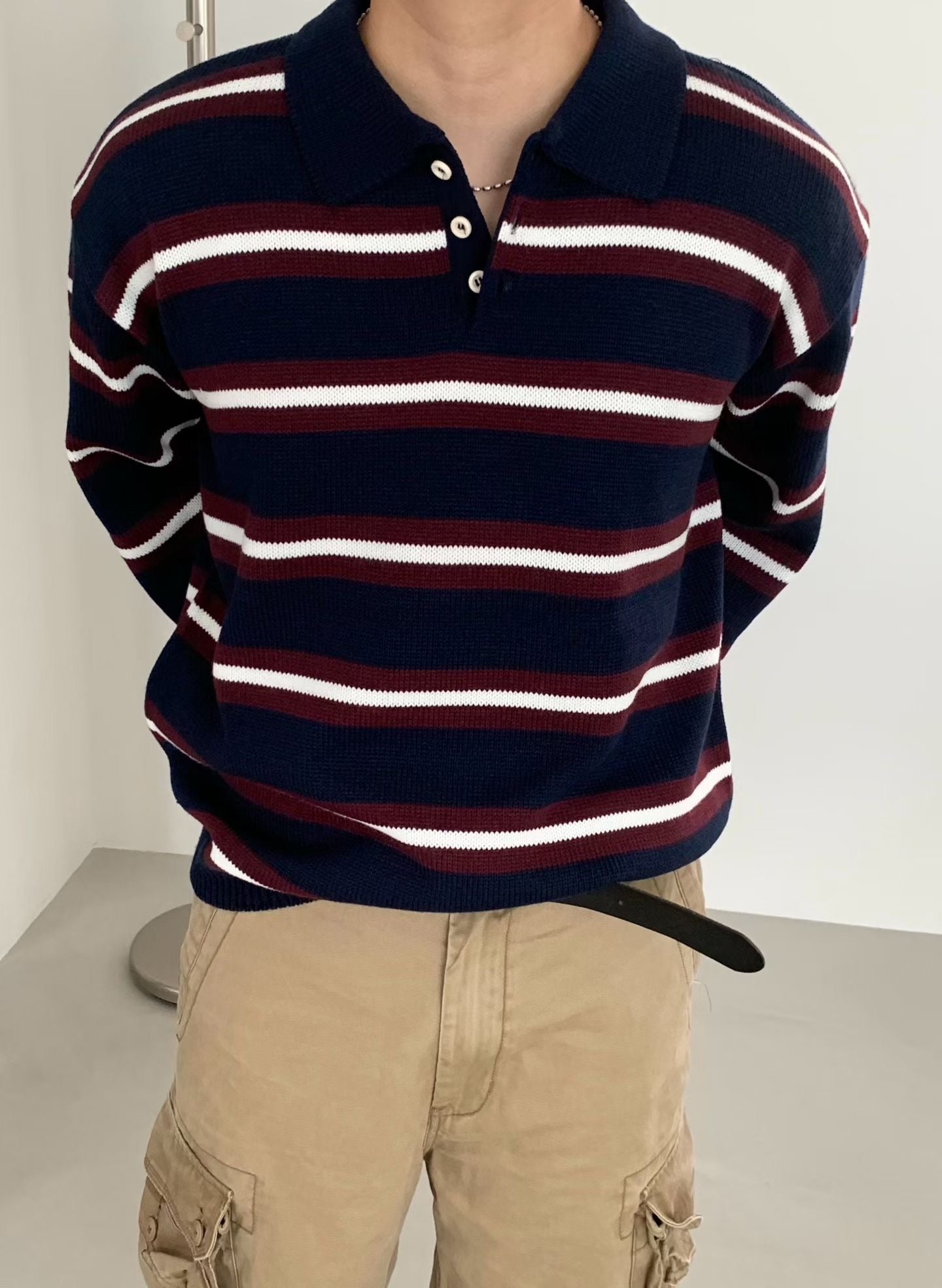 針織間紋拼色長袖上衣