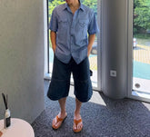 藍色直間短袖襯衫 韓國男裝