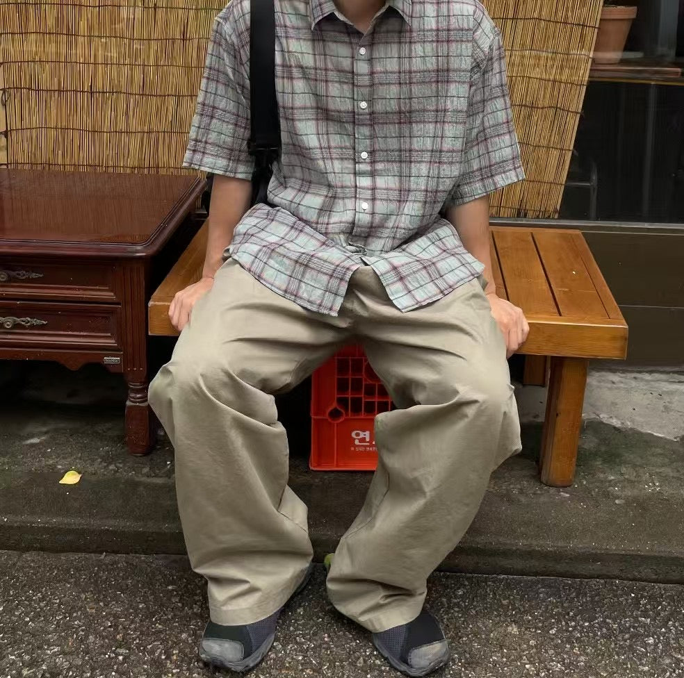 格仔拼色短袖襯衫 韓國男裝