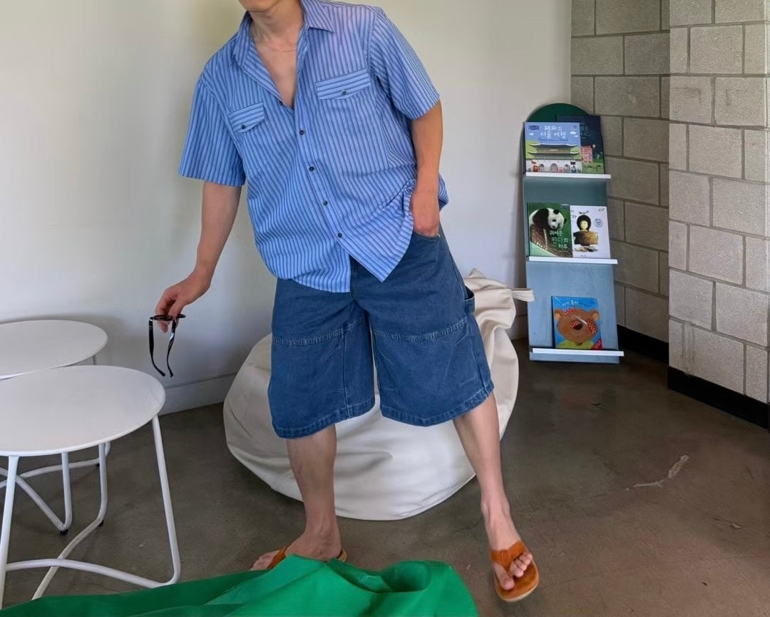 藍色直間短袖襯衫 韓國男裝