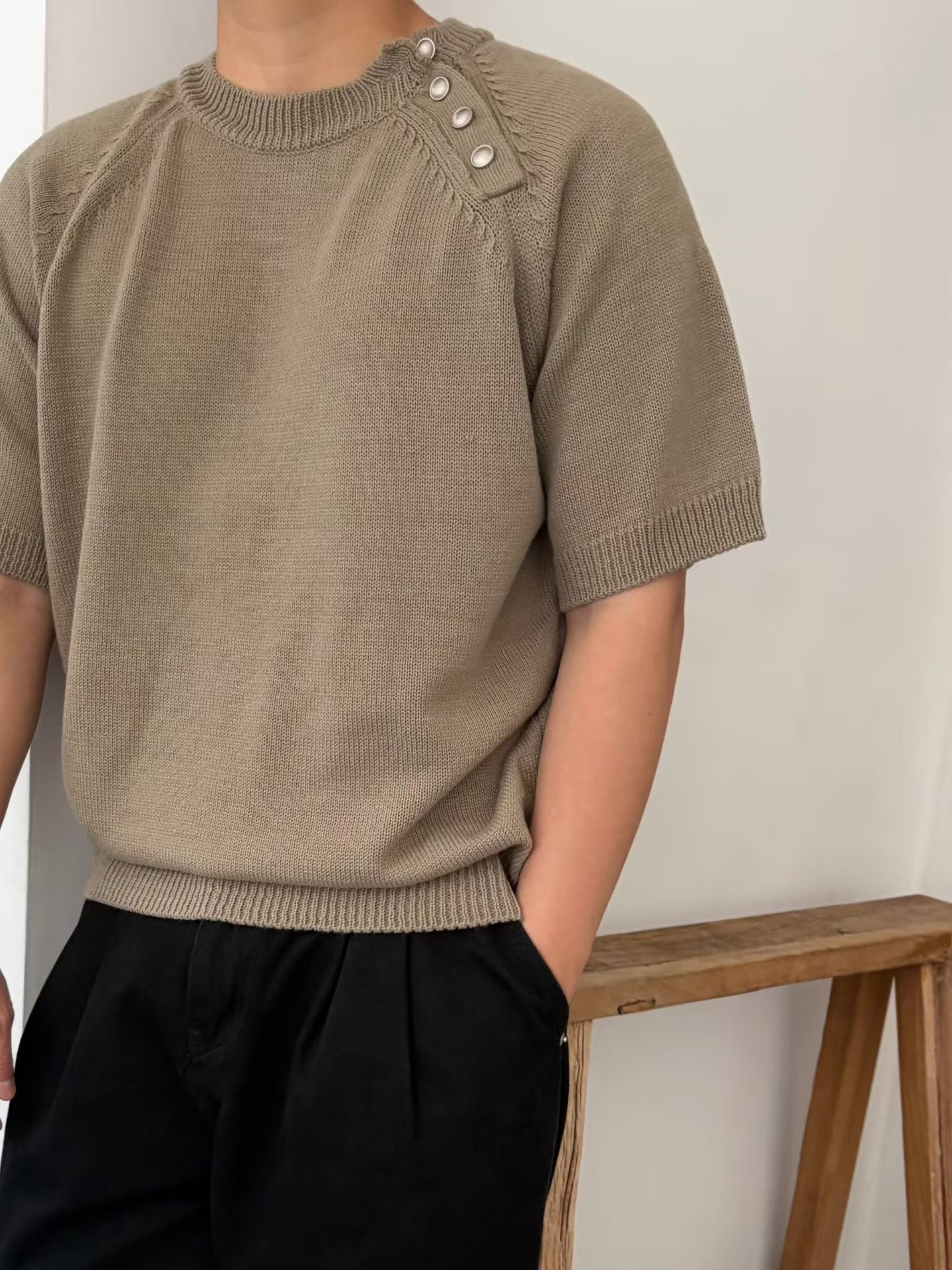 斜鈕扣短袖上衣 韓國男裝 newbeige