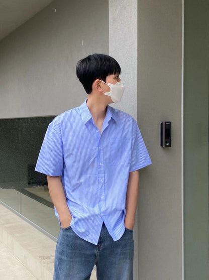 藍色間條襯衫 韓國男裝
