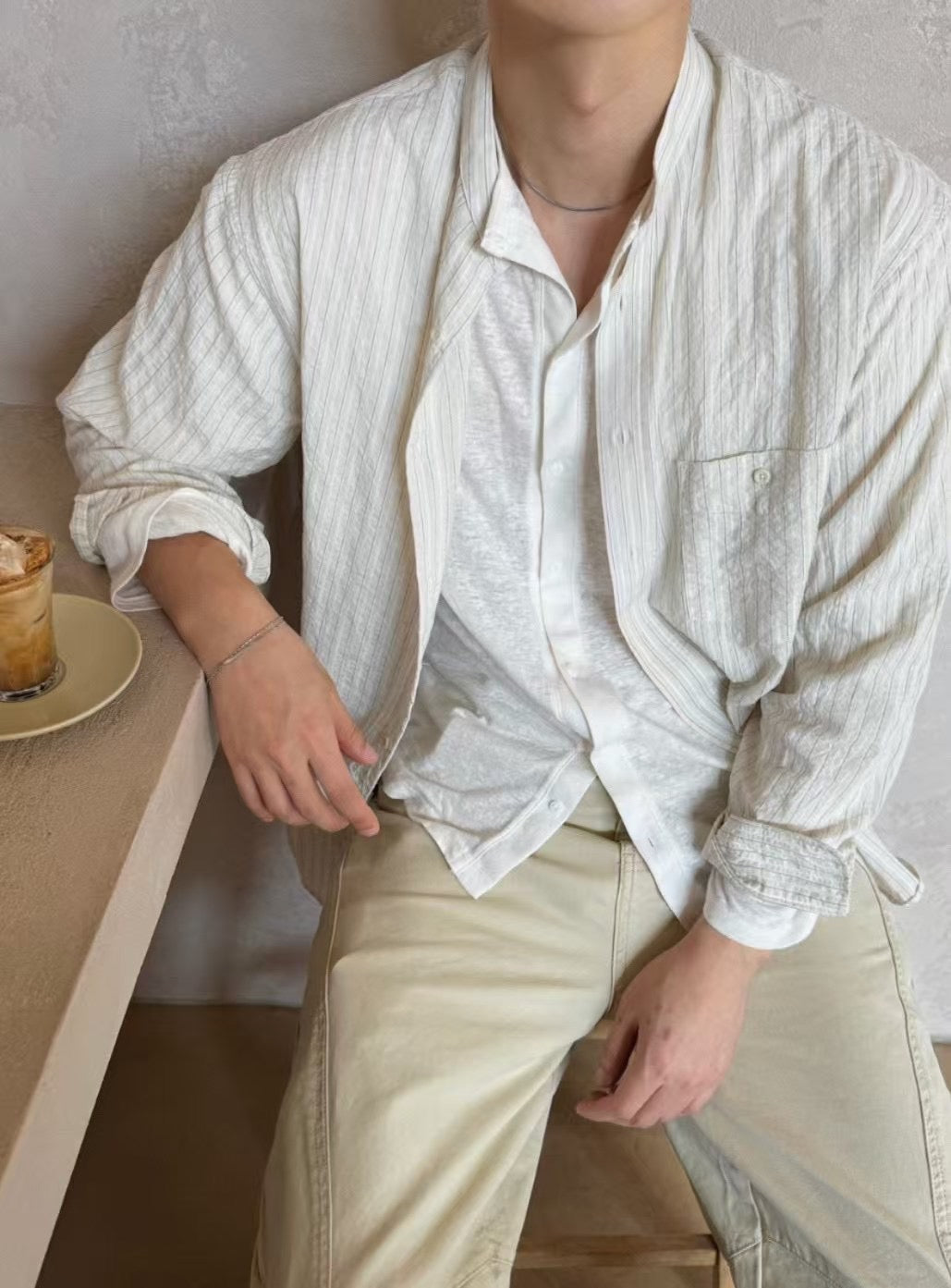 暗紋間條長袖襯衫