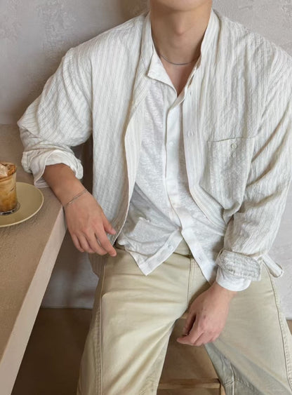 暗紋間條長袖襯衫