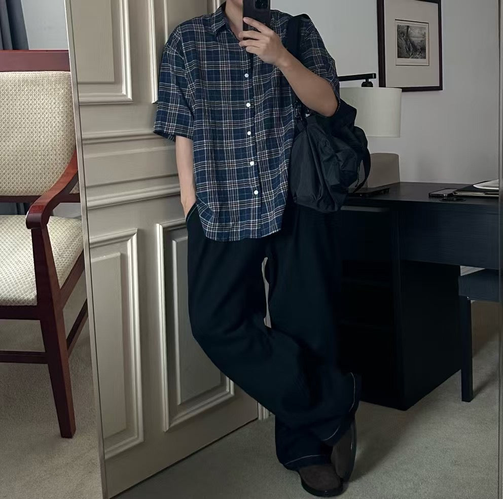 格仔拼色短袖襯衫 韓國男裝