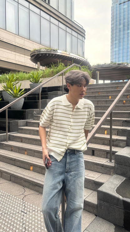 針織間條拼色短袖上衣