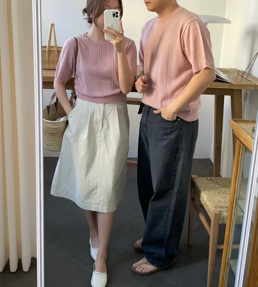 圓領韓系短袖上衣 - 韓國情侶裝