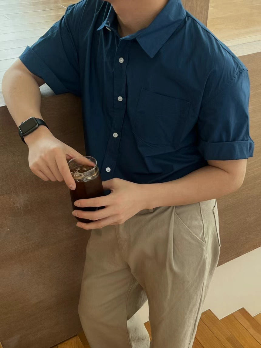 純色短袖襯衫 (4色) - 韓國男裝