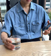 牛仔布短袖口袋襯衫